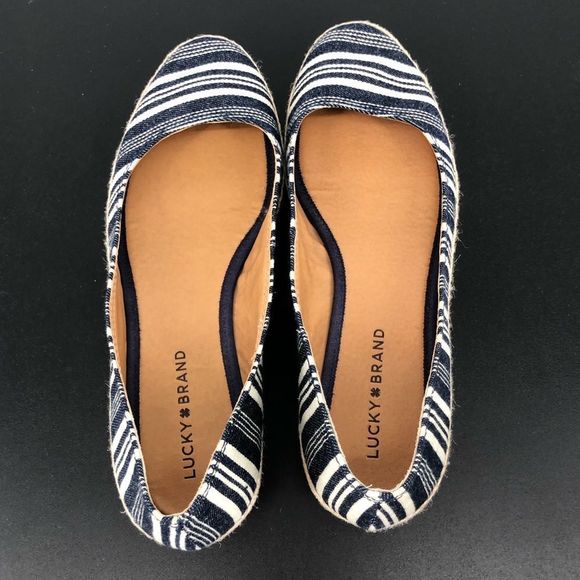 Lucky Brand Tilly Navy White Striped Round Toe Espadrille Wedges - Picture 7 of 11